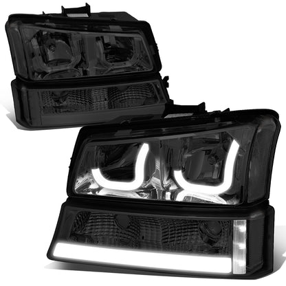 FAROS 03-06 CHEVY SILVERADO 1500, 2500, 3500, 1500HD, 2500HD, AVALANCHE 1500, AVALANCHE 2500 / 2007 CHEVY SILVERADO 1500, 1500HD, 2500HD, 3500 CLASSIC - FITS MODELS WITHOUT FACTORY CLADDING ONLY - J-HALO - LED DRL - 4PC - SMOKE HOUSING / CLEAR CORNER