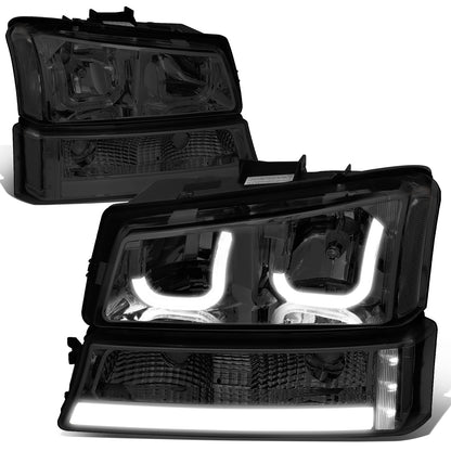 FAROS 03-06 CHEVY SILVERADO 1500, 2500, 3500, 1500HD, 2500HD, AVALANCHE 1500, AVALANCHE 2500 / 2007 CHEVY SILVERADO 1500, 1500HD, 2500HD, 3500 CLASSIC - FITS MODELS WITHOUT FACTORY CLADDING ONLY - J-HALO - LED DRL - 4PC - SMOKE HOUSING / CLEAR CORNER