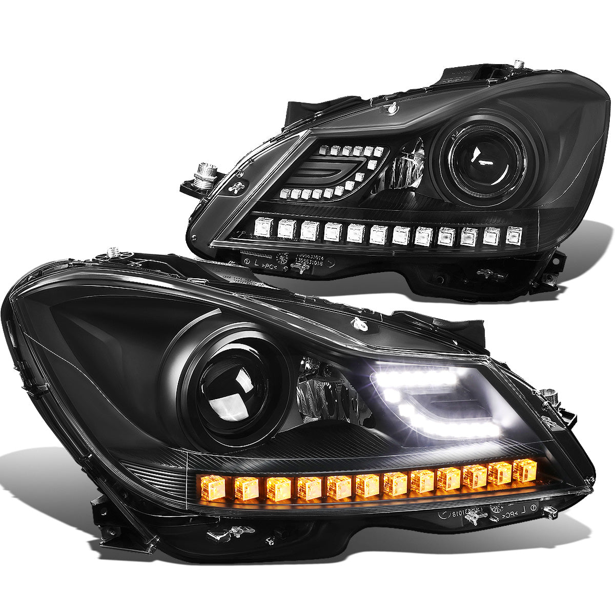 FAROS 12-14 MERCEDES BENZ C-CLASS W204 2/4-DOOR - LED - PROJECTOR - BLACK HOUSING / AMBER CORNER - H7 LOW BEAM / HIGH BEAM
