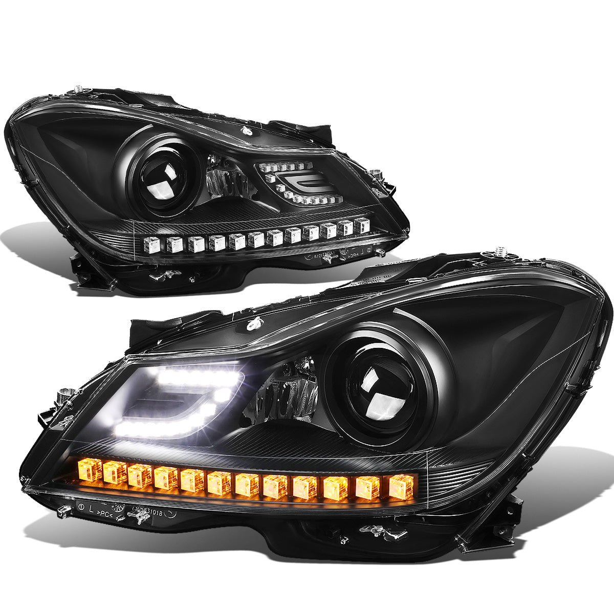 FAROS 12-14 MERCEDES BENZ C-CLASS W204 2/4-DOOR - LED - PROJECTOR - BLACK HOUSING / AMBER CORNER - H7 LOW BEAM / HIGH BEAM