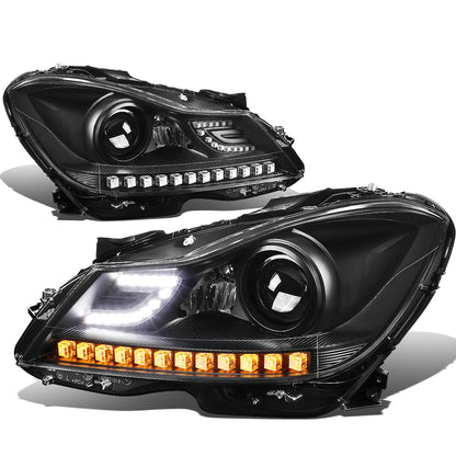 FAROS 12-14 MERCEDES BENZ C-CLASS W204 2/4-DOOR - LED - PROJECTOR - BLACK HOUSING / AMBER CORNER - H7 LOW BEAM / HIGH BEAM
