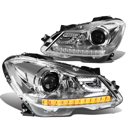 FAROS 12-14 MERCEDES BENZ C-CLASS W204 2/4-DOOR - LED - PROJECTOR - CHROME HOUSING / AMBER CORNER - H7 LOW BEAM / HIGH BEAM