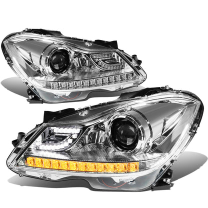 FAROS 12-14 MERCEDES BENZ C-CLASS W204 2/4-DOOR - LED - PROJECTOR - CHROME HOUSING / AMBER CORNER - H7 LOW BEAM / HIGH BEAM