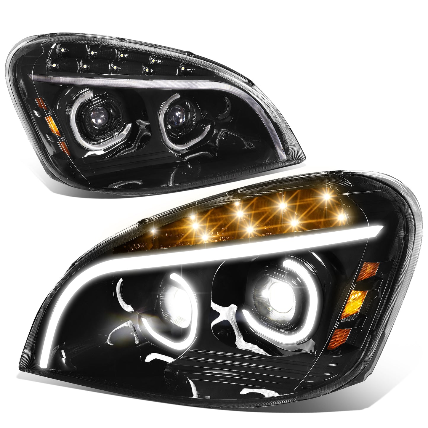 FAROS 08-17 FREIGHTLINER CASCADIA - MARKER & TURN SIGNAL LIGHTS NEED TO BE WIRED INTO EXISTING LIGHTING HARNESS - FULL LED C-HALO PROJECTORS WITH 3D LIGHT BAR - BLACK