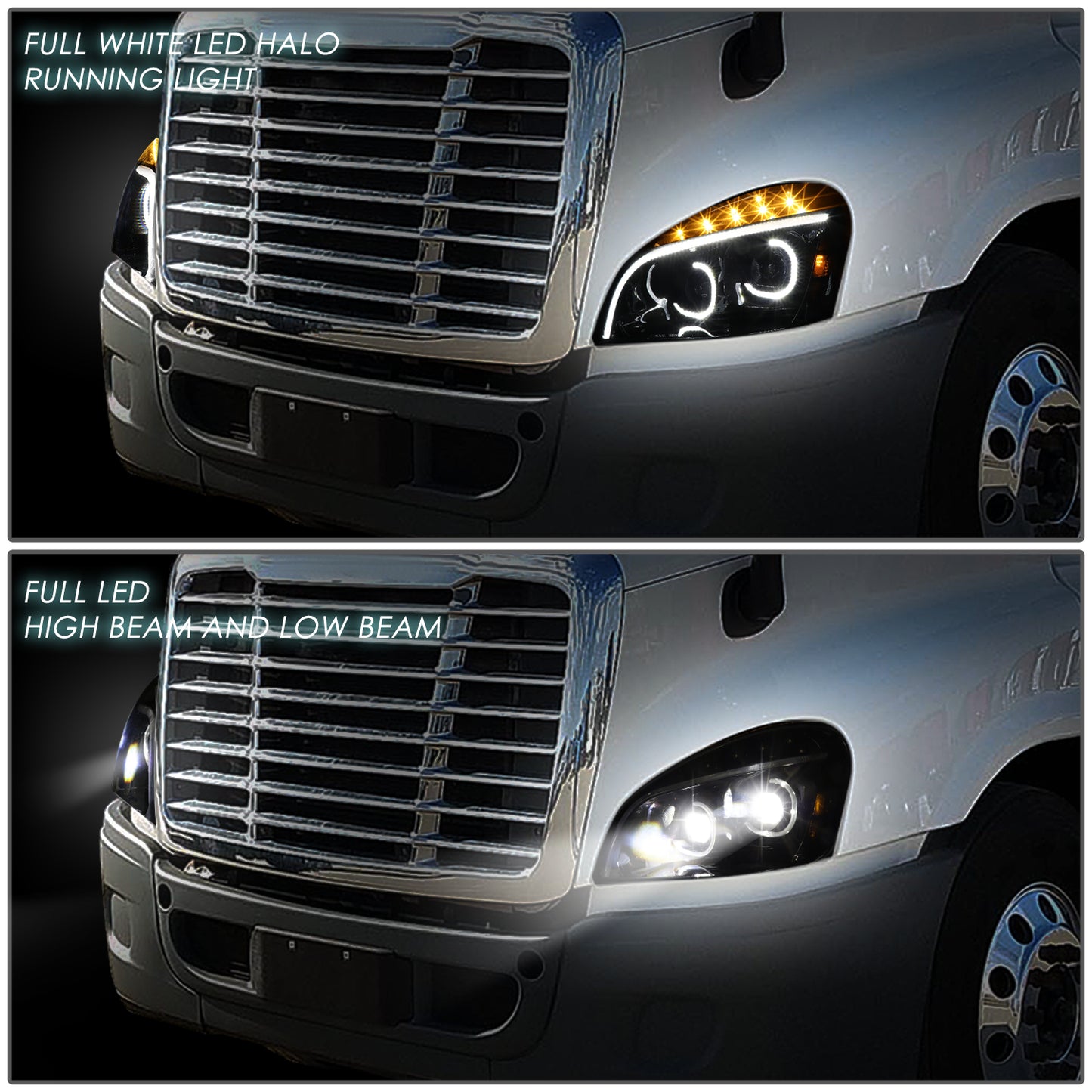 FAROS 08-17 FREIGHTLINER CASCADIA - MARKER & TURN SIGNAL LIGHTS NEED TO BE WIRED INTO EXISTING LIGHTING HARNESS - FULL LED C-HALO PROJECTORS WITH 3D LIGHT BAR - BLACK