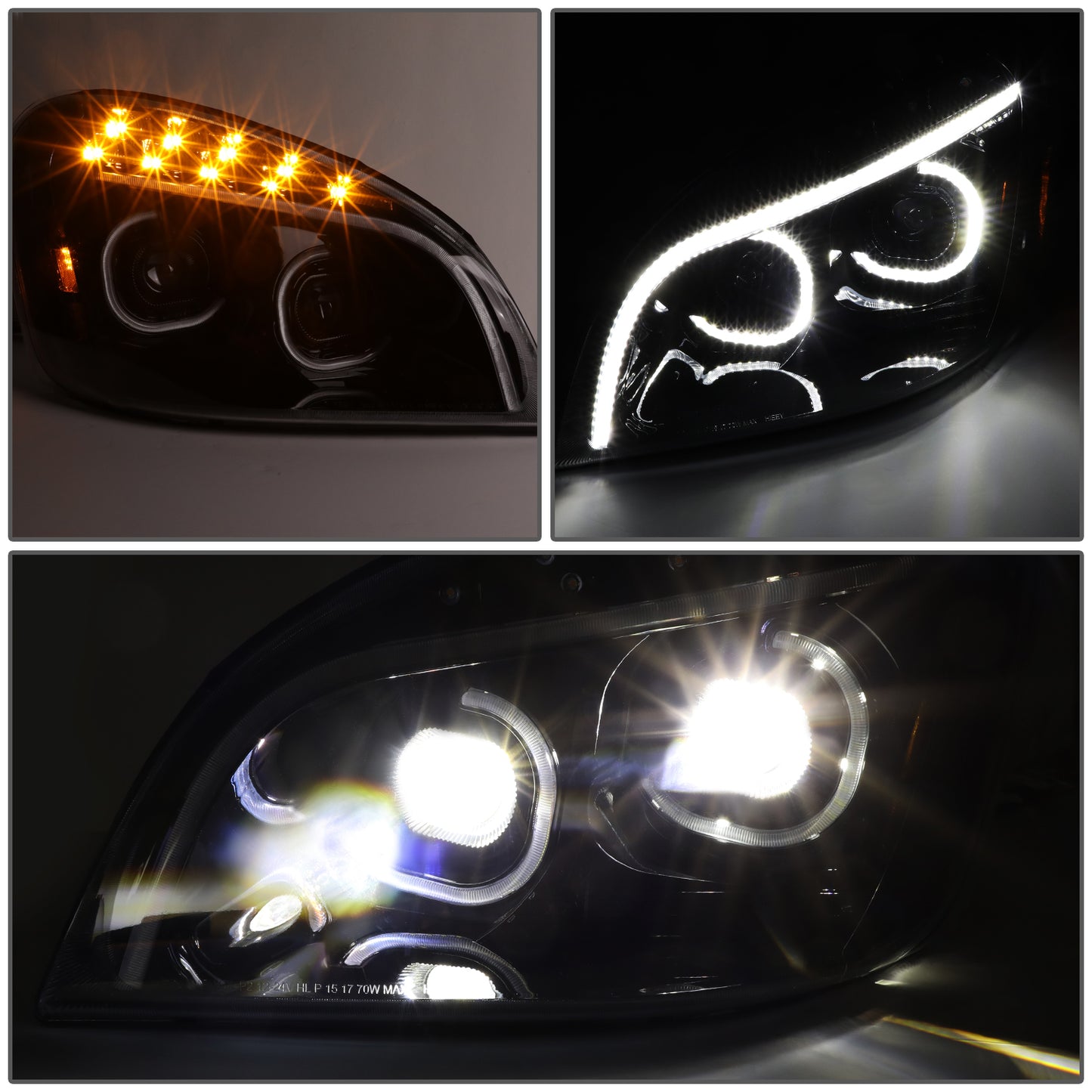 FAROS 08-17 FREIGHTLINER CASCADIA - MARKER & TURN SIGNAL LIGHTS NEED TO BE WIRED INTO EXISTING LIGHTING HARNESS - FULL LED C-HALO PROJECTORS WITH 3D LIGHT BAR - BLACK