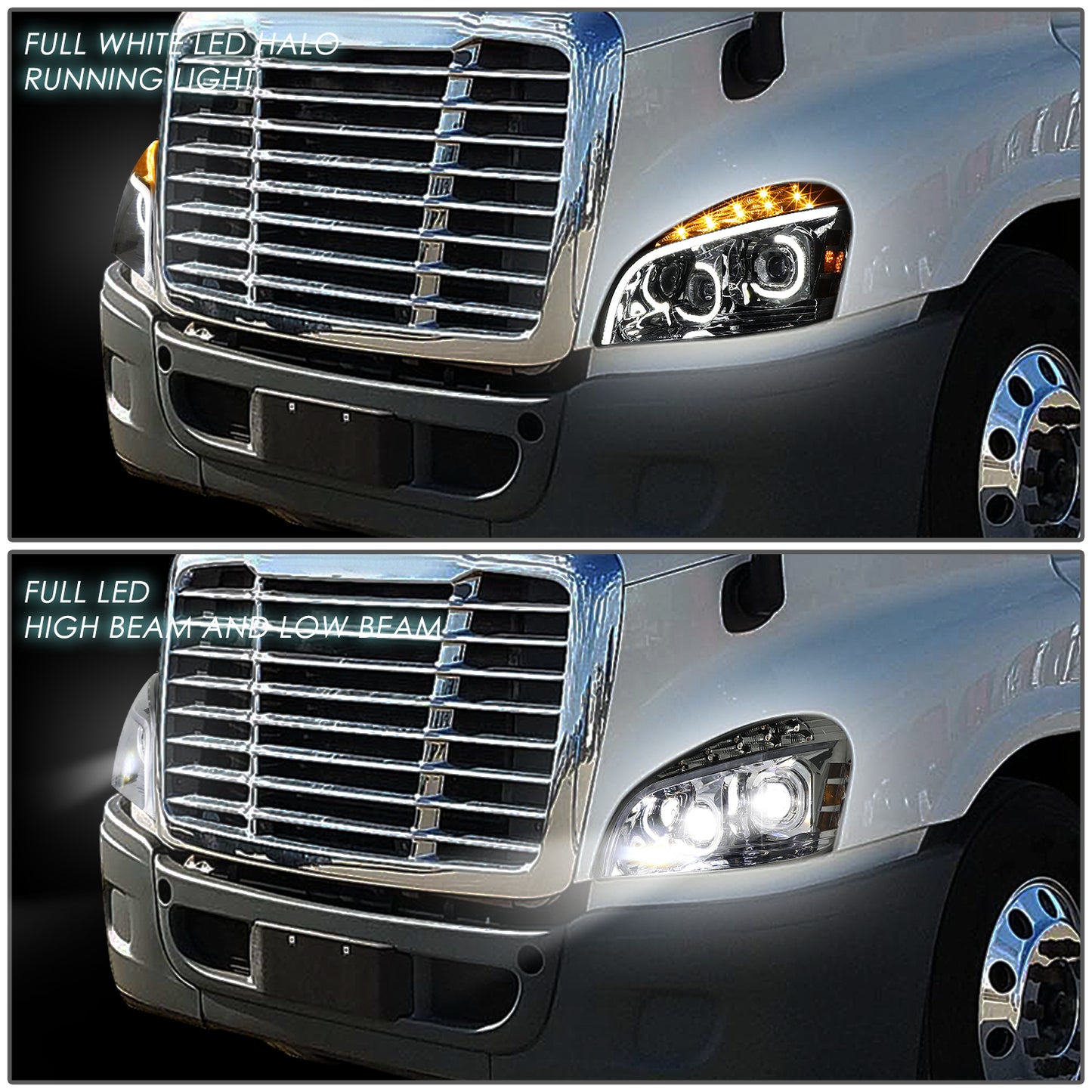 FAROS 08-17 FREIGHTLINER CASCADIA - MARKER & TURN SIGNAL LIGHTS NEED TO BE WIRED INTO EXISTING LIGHTING HARNESS - FULL LED C-HALO PROJECTORS WITH 3D LIGHT BAR - CHROME