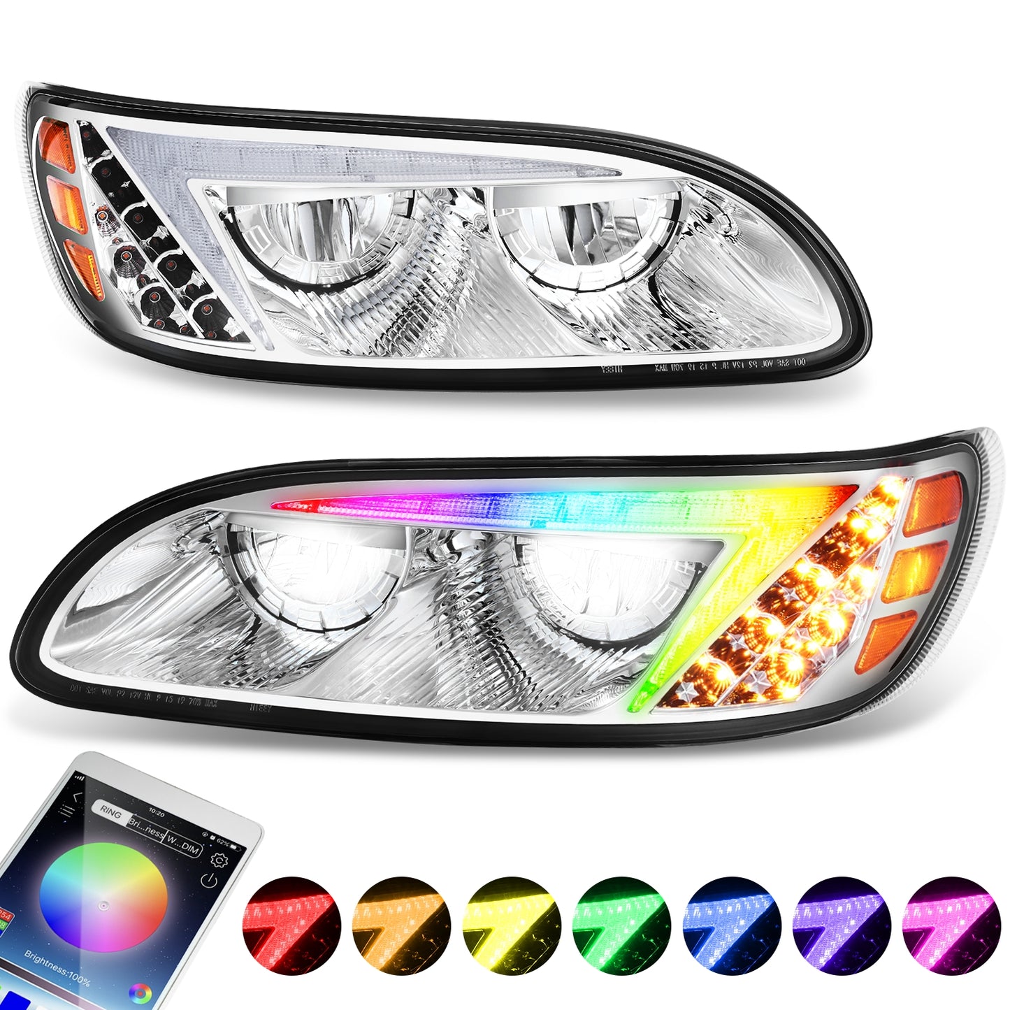 FAROS 08-19 PETERBILT 325 / 05-20 PETERBILT 330 / 05-10 PETERBILT 335 / 10-20 PETERBILT 337 / 07-10 PETERBILT 340 / 10-20 PETERBILT 348 / 07-18 PETERBILT 382 / 07-14 PETERBILT 384 / 05-16 PETERBILT 386 / 99-11 PETERBILT 387 - FULL LED RGB DRL - CHROME