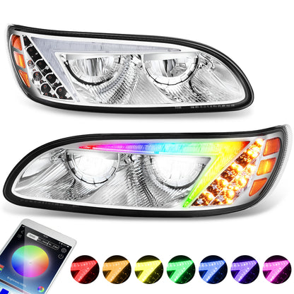 FAROS 08-19 PETERBILT 325 / 05-20 PETERBILT 330 / 05-10 PETERBILT 335 / 10-20 PETERBILT 337 / 07-10 PETERBILT 340 / 10-20 PETERBILT 348 / 07-18 PETERBILT 382 / 07-14 PETERBILT 384 / 05-16 PETERBILT 386 / 99-11 PETERBILT 387 - FULL LED RGB DRL - CHROME