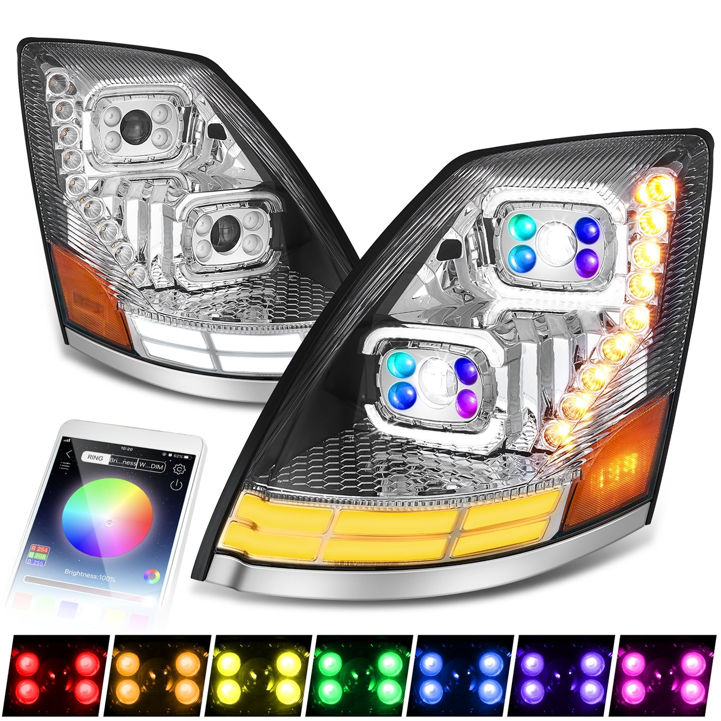 FAROS 04-18 VOLVO VN VNL 300 400 430 630 740 760 860 - FULL LED RGB DRL SEQUENTIAL TURN SIGNAL - CHROME
