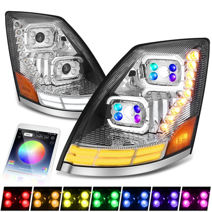 FAROS 04-18 VOLVO VN VNL 300 400 430 630 740 760 860 - FULL LED RGB DRL SEQUENTIAL TURN SIGNAL - CHROME