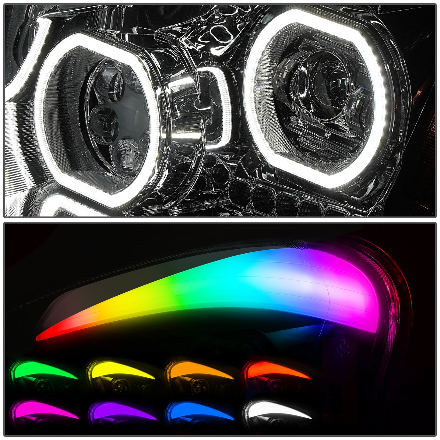 FAROS 08-17 FREIGHTLINER CASCADIA - FULL LED HALO PROJECTORS GATTLING BARREL RGB - CHROME
