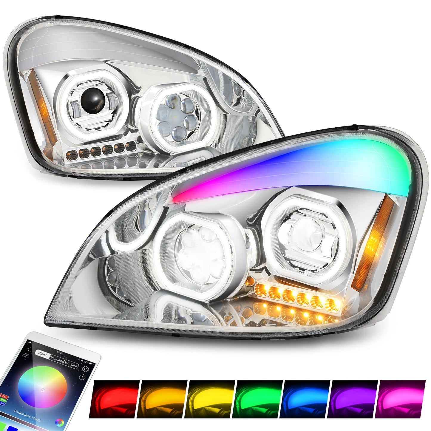 FAROS 08-17 FREIGHTLINER CASCADIA - FULL LED HALO PROJECTORS GATTLING BARREL RGB - CHROME