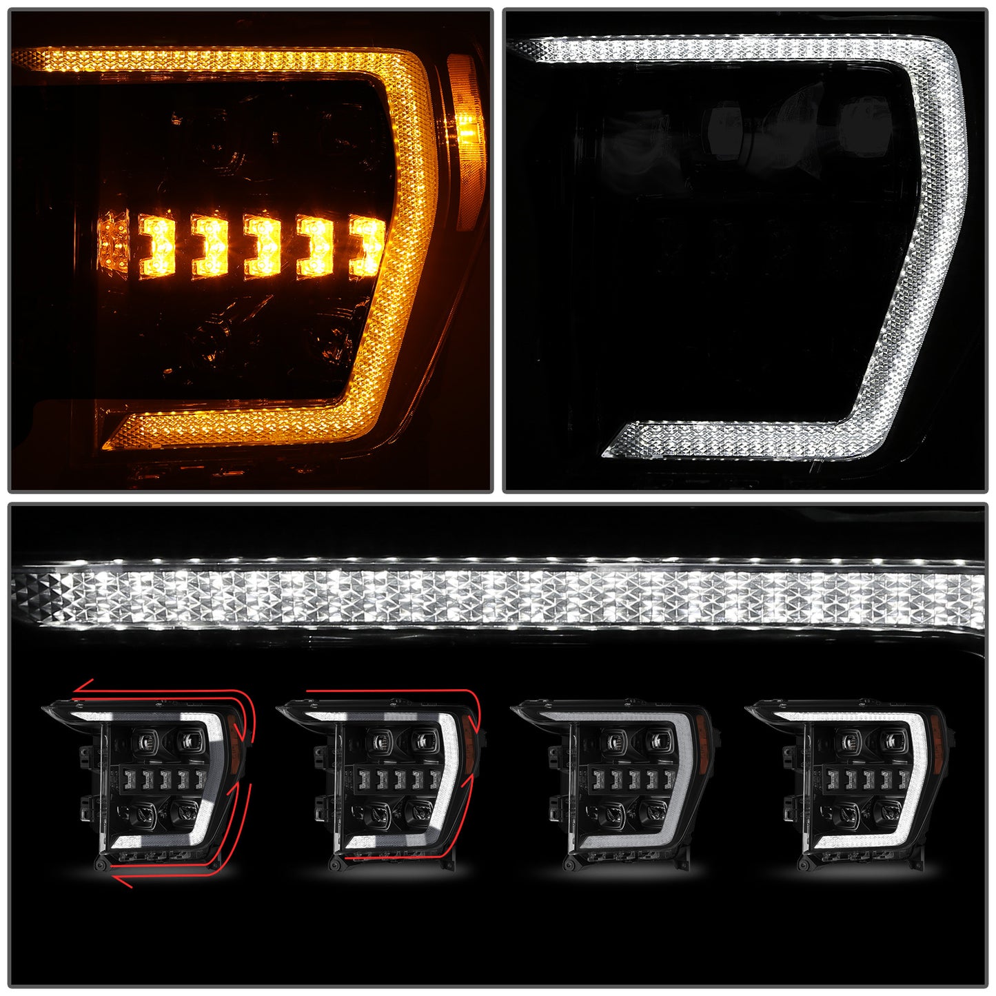 FAROS 21-23 FORD F-150 - FITS MODELS WITH HALOGEN HEADLIGHTS - WHITE 3D LIGHT BAR / SEQUENTIAL CHASE TURN SIGNAL - BLACK