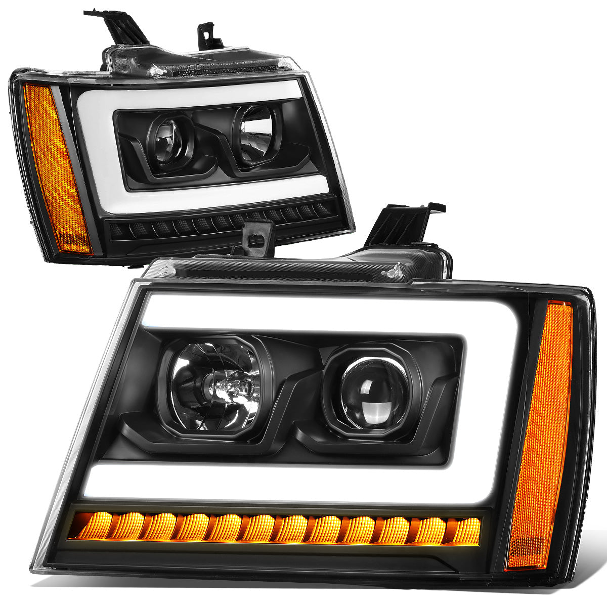 FAROS 07-13 CHEVY AVALANCHE, SUBURBAN 2500 / 07-14 CHEVY TAHOE, SUBURBAN 1500 - LED DRL - C-BAR - BLACK HOUSING / AMBER CORNER