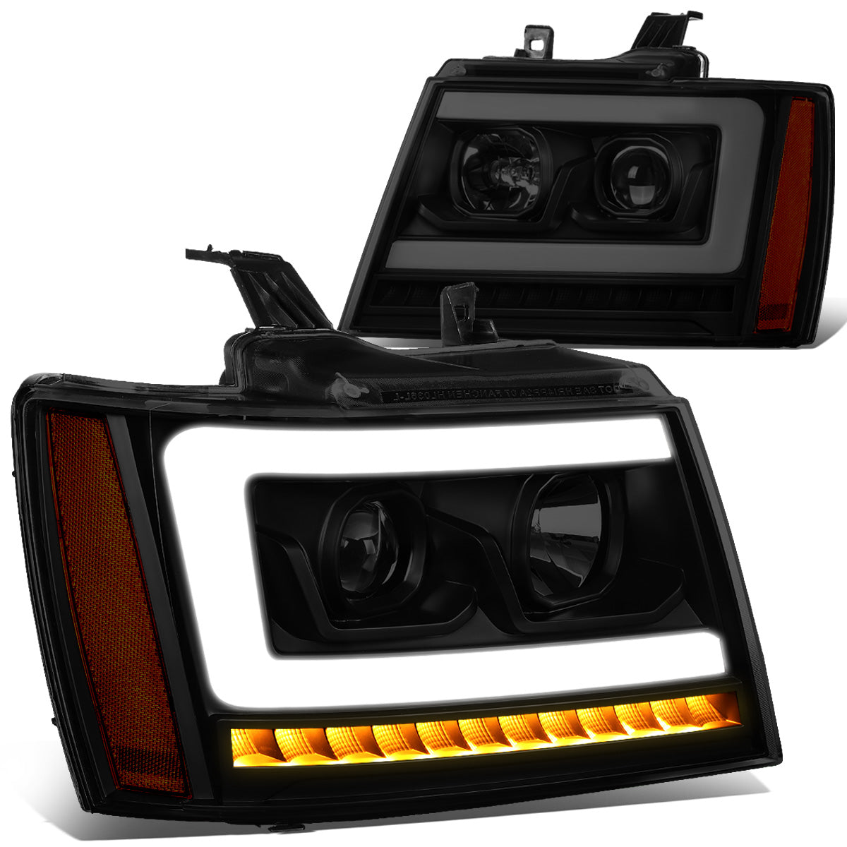 FAROS 07-13 CHEVY AVALANCHE, SUBURBAN 2500 / 07-14 CHEVY TAHOE, SUBURBAN 1500 - LED DRL - C-BAR - BLACK HOUSING / SMOKE LENS / AMBER CORNER