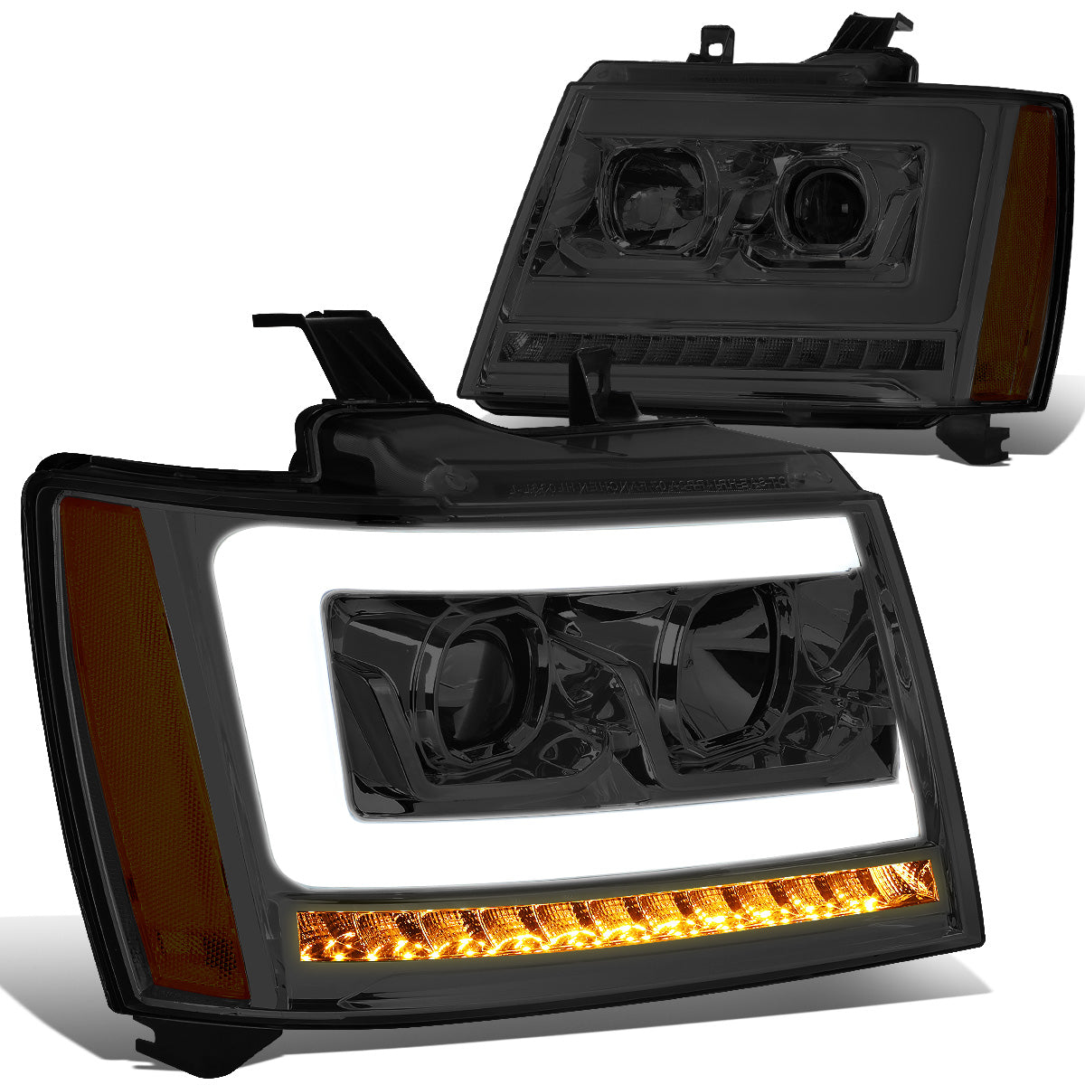 FAROS 07-13 CHEVY AVALANCHE, SUBURBAN 2500 / 07-14 CHEVY TAHOE, SUBURBAN 1500 - LED DRL - C-BAR - SMOKE HOUSING / AMBER CORNER