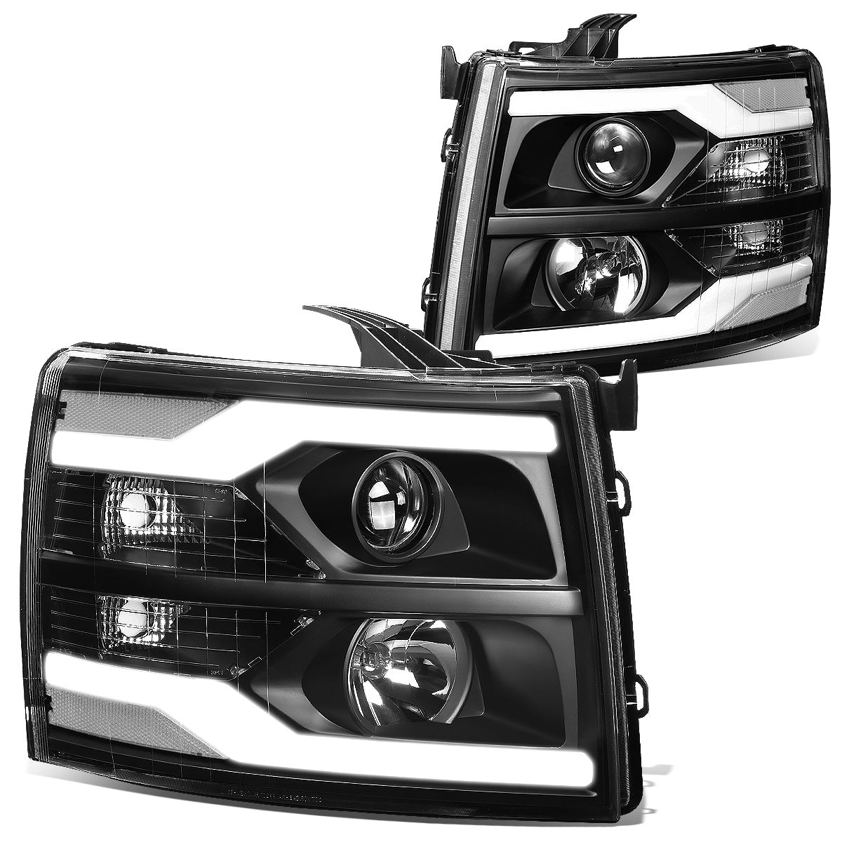 FAROS 07-13 CHEVY SILVERADO 1500 / 07-17 SILVERADO 2500, 3500 AND HD MODELS - DOES NOT FIT 2007 OLD BODY CLASSIC MODELS - LED DRL - DUAL LED - BLACK HOUSING / CLEAR CORNER
