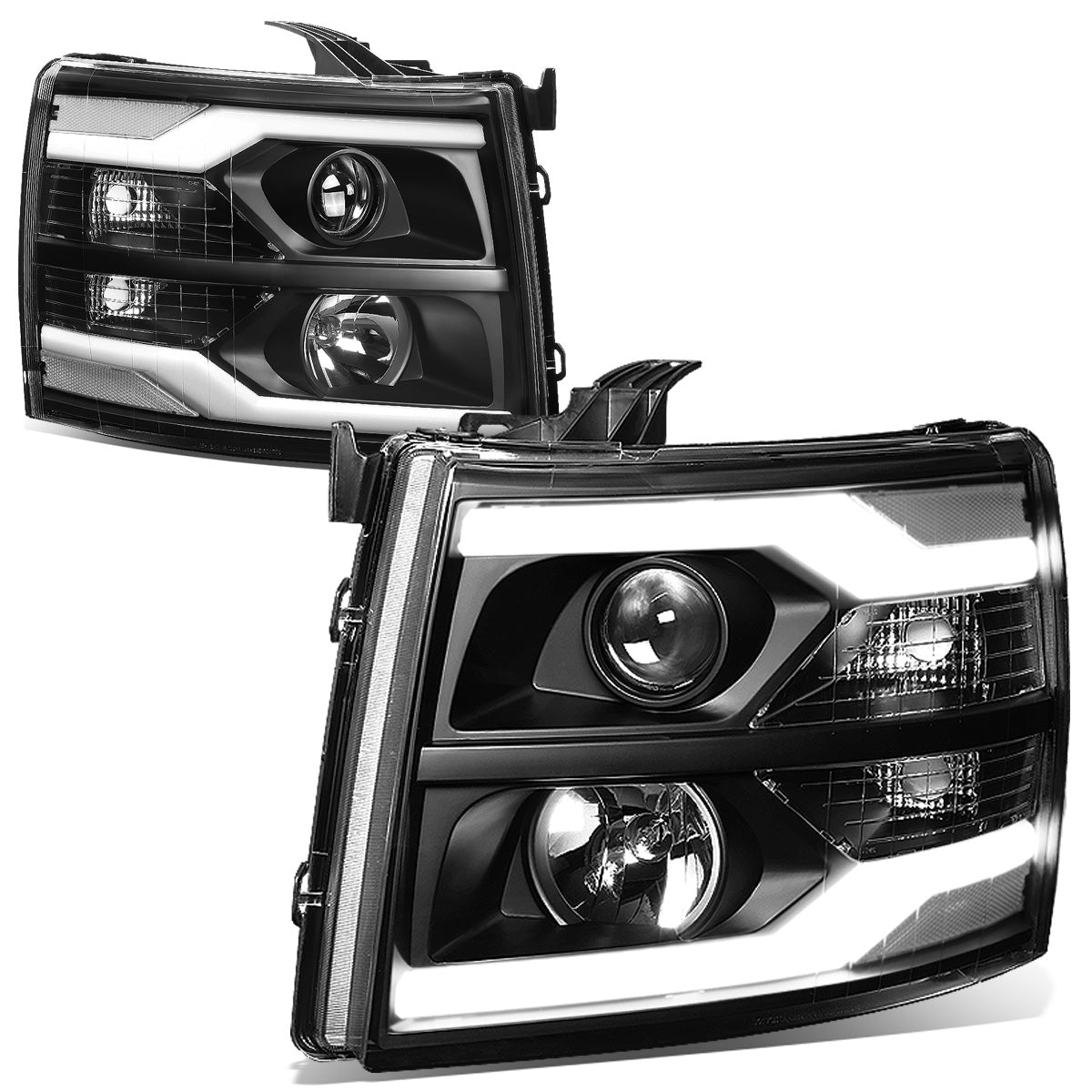 FAROS 07-13 CHEVY SILVERADO 1500 / 07-17 SILVERADO 2500, 3500 AND HD MODELS - DOES NOT FIT 2007 OLD BODY CLASSIC MODELS - LED DRL - DUAL LED - BLACK HOUSING / CLEAR CORNER