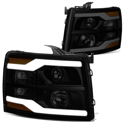 FAROS 07-13 CHEVY SILVERADO 1500 / 07-17 SILVERADO 2500, 3500 AND HD MODELS - DOES NOT FIT 2007 OLD BODY CLASSIC MODELS - LED DRL - DUAL LED - BLACK HOUSING / SMOKE LENS / AMBER CORNER