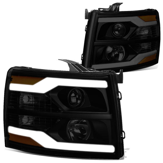 FAROS 07-13 CHEVY SILVERADO 1500 / 07-17 SILVERADO 2500, 3500 AND HD MODELS - DOES NOT FIT 2007 OLD BODY CLASSIC MODELS - LED DRL - DUAL LED - BLACK HOUSING / SMOKE LENS / AMBER CORNER