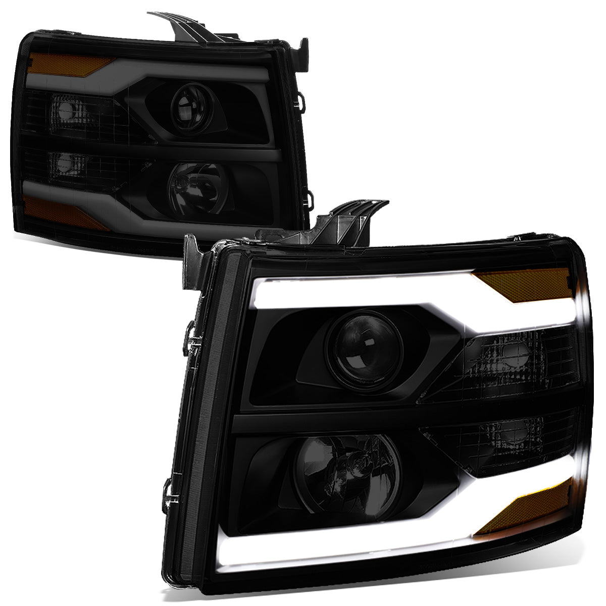 FAROS 07-13 CHEVY SILVERADO 1500 / 07-17 SILVERADO 2500, 3500 AND HD MODELS - DOES NOT FIT 2007 OLD BODY CLASSIC MODELS - LED DRL - DUAL LED - BLACK HOUSING / SMOKE LENS / AMBER CORNER