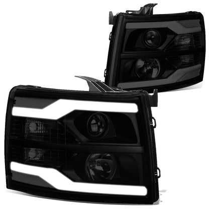 FAROS 07-13 CHEVY SILVERADO 1500 / 07-17 SILVERADO 2500, 3500 AND HD MODELS - DOES NOT FIT 2007 OLD BODY CLASSIC MODELS - LED DRL - DUAL LED - BLACK HOUSING / SMOKE LENS / CLEAR CORNER