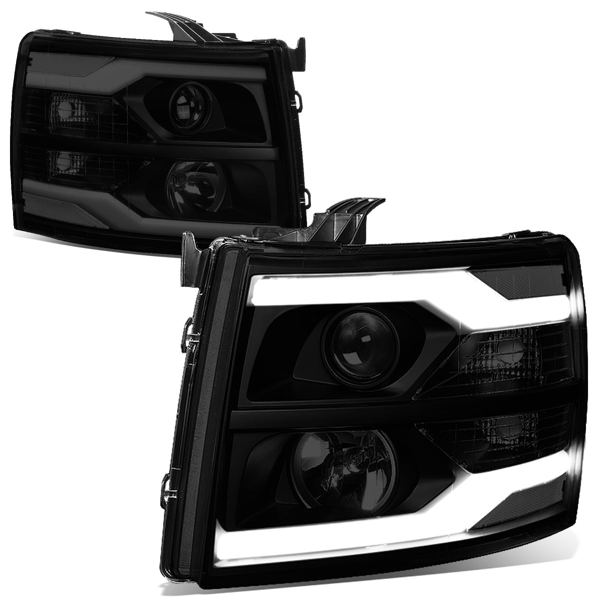 FAROS 07-13 CHEVY SILVERADO 1500 / 07-17 SILVERADO 2500, 3500 AND HD MODELS - DOES NOT FIT 2007 OLD BODY CLASSIC MODELS - LED DRL - DUAL LED - BLACK HOUSING / SMOKE LENS / CLEAR CORNER