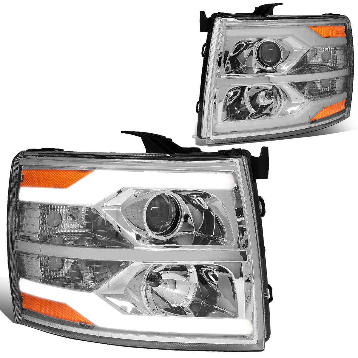 FAROS 07-13 CHEVY SILVERADO 1500 / 07-17 SILVERADO 2500, 3500 AND HD MODELS - DOES NOT FIT 2007 OLD BODY CLASSIC MODELS - LED DRL - DUAL LED - CHROME HOUSING / AMBER CORNER