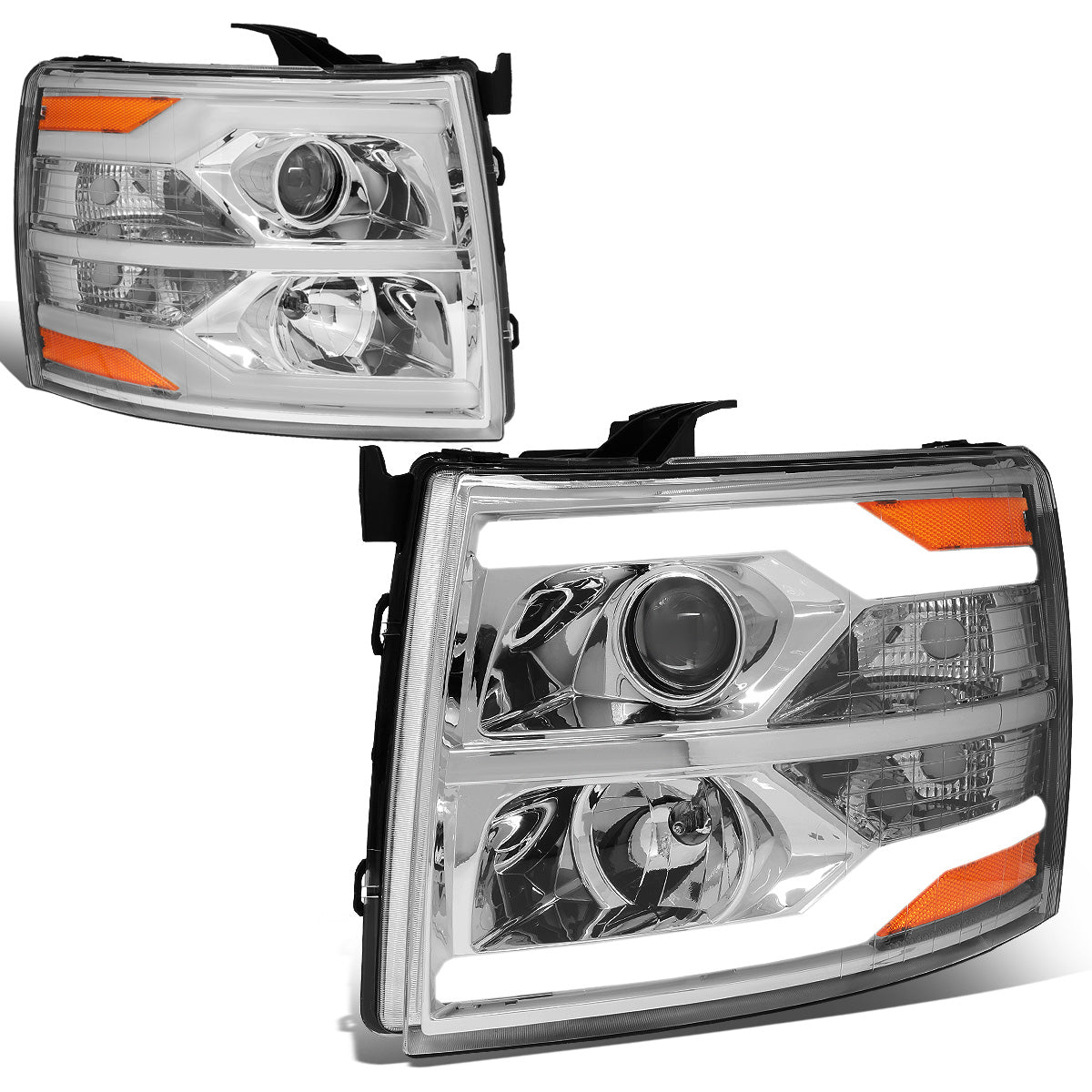 FAROS 07-13 CHEVY SILVERADO 1500 / 07-17 SILVERADO 2500, 3500 AND HD MODELS - DOES NOT FIT 2007 OLD BODY CLASSIC MODELS - LED DRL - DUAL LED - CHROME HOUSING / AMBER CORNER