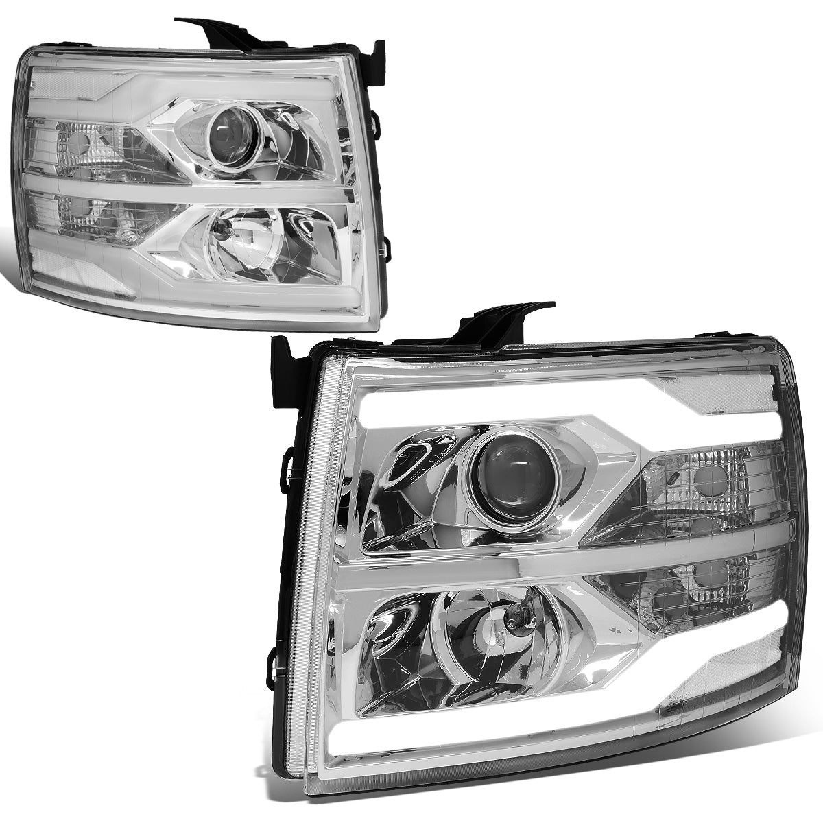 FAROS 07-13 CHEVY SILVERADO 1500 / 07-17 SILVERADO 2500, 3500 AND HD MODELS - DOES NOT FIT 2007 OLD BODY CLASSIC MODELS - LED DRL - DUAL LED - CHROME HOUSING / CLEAR CORNER