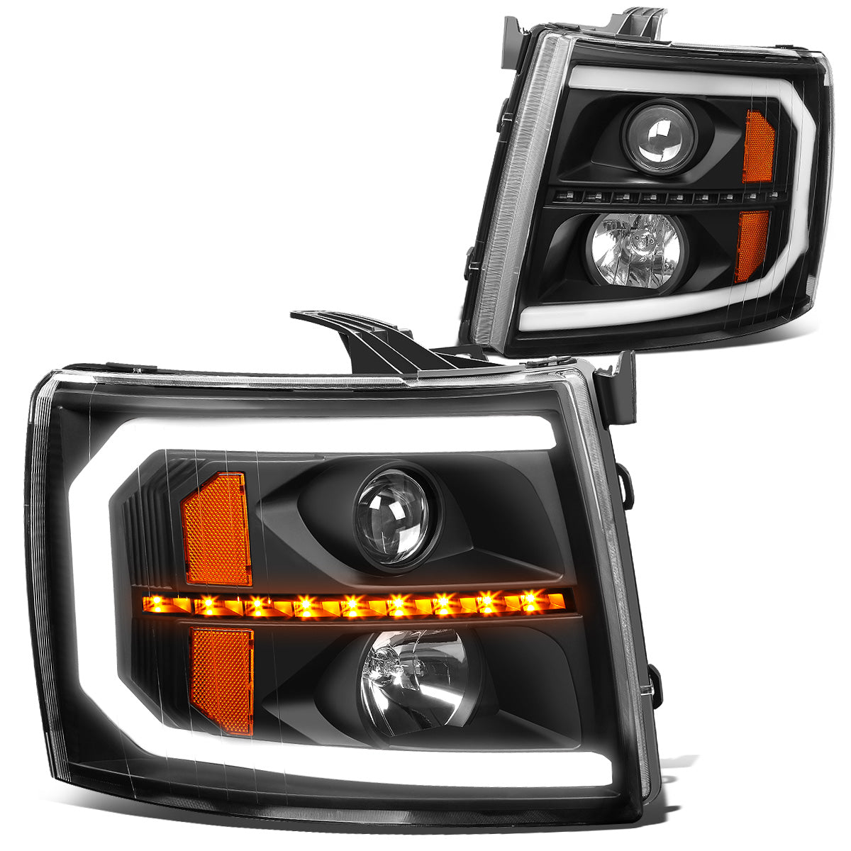 FAROS 07-13 CHEVY SILVERADO 1500 / 07-14 SILVERADO 2500, 3500 AND HD MODELS - DOES NOT FIT 2007 OLD BODY CLASSIC MODELS - LED DRL - SEQUENTIAL TURN SIGNAL - C-BAR - BLACK HOUSING / AMBER CORNER
