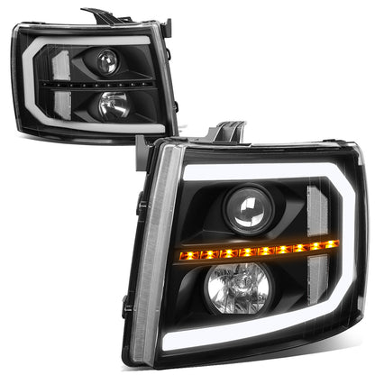 FAROS 07-13 CHEVY SILVERADO 1500 / 07-14 SILVERADO 2500, 3500 AND HD MODELS - DOES NOT FIT 2007 OLD BODY CLASSIC MODELS - LED DRL - SEQUENTIAL TURN SIGNAL - C-BAR - BLACK HOUSING / CLEAR CORNER
