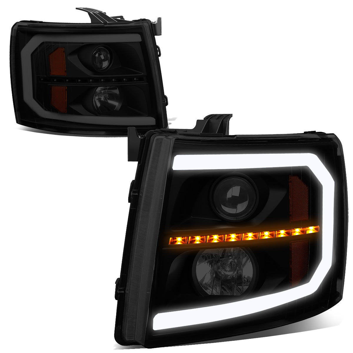 FAROS 07-13 CHEVY SILVERADO 1500 / 07-14 SILVERADO 2500, 3500 AND HD MODELS - DOES NOT FIT 2007 OLD BODY CLASSIC MODELS - LED DRL - SEQUENTIAL TURN SIGNAL - C-BAR - BLACK HOUSING / SMOKE LENS / AMBER CORNER