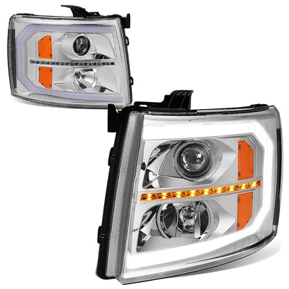 FAROS 07-13 CHEVY SILVERADO 1500 / 07-14 SILVERADO 2500, 3500 AND HD MODELS - DOES NOT FIT 2007 OLD BODY CLASSIC MODELS - LED DRL - SEQUENTIAL TURN SIGNAL - C-BAR - CHROME HOUSING / AMBER CORNER