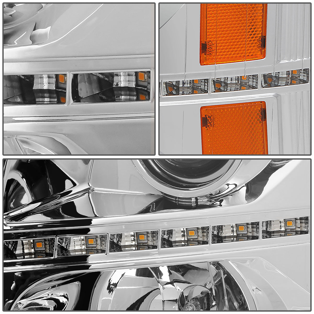 FAROS 07-13 CHEVY SILVERADO 1500 / 07-14 SILVERADO 2500, 3500 AND HD MODELS - DOES NOT FIT 2007 OLD BODY CLASSIC MODELS - LED DRL - SEQUENTIAL TURN SIGNAL - C-BAR - CHROME HOUSING / AMBER CORNER