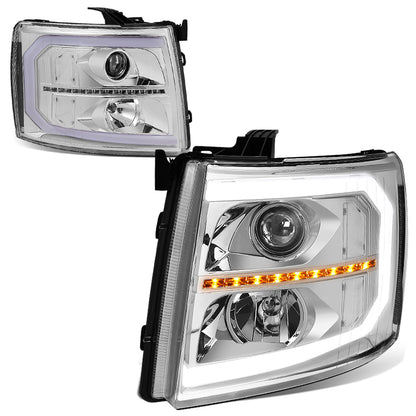 FAROS 07-13 CHEVY SILVERADO 1500 / 07-14 SILVERADO 2500, 3500 AND HD MODELS - DOES NOT FIT 2007 OLD BODY CLASSIC MODELS - LED DRL - SEQUENTIAL TURN SIGNAL - C-BAR - CHROME HOUSING / CLEAR CORNER