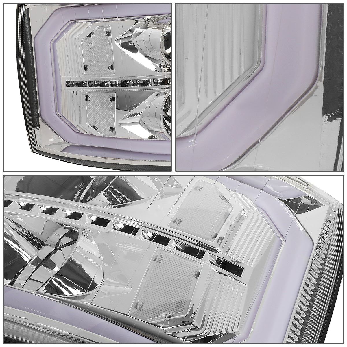 FAROS 07-13 CHEVY SILVERADO 1500 / 07-14 SILVERADO 2500, 3500 AND HD MODELS - DOES NOT FIT 2007 OLD BODY CLASSIC MODELS - LED DRL - SEQUENTIAL TURN SIGNAL - C-BAR - CHROME HOUSING / CLEAR CORNER