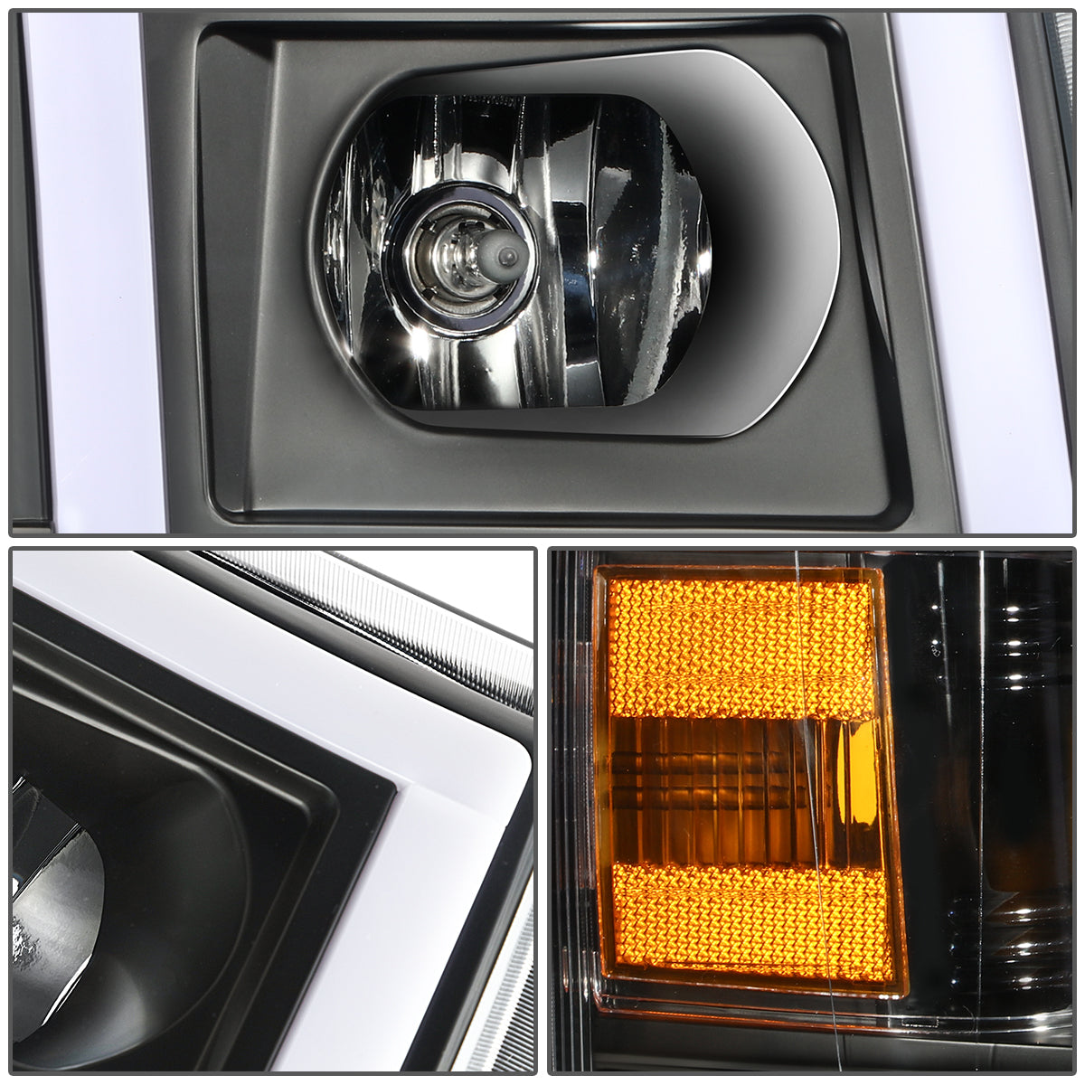 FAROS 07-13 CHEVY SILVERADO 1500 / 07-14 SILVERADO 2500 HD, 3500 - DOES NOT FIT 2007 OLD BODY CLASSIC MODELS - FITS MODELS WITH HALOGEN HEADLIGHTS ONLY - RECTANGLE LED DRL - BLACK HOUSING / AMBER CORNER