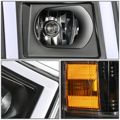 FAROS 07-13 CHEVY SILVERADO 1500 / 07-14 SILVERADO 2500 HD, 3500 - DOES NOT FIT 2007 OLD BODY CLASSIC MODELS - FITS MODELS WITH HALOGEN HEADLIGHTS ONLY - RECTANGLE LED DRL - BLACK HOUSING / AMBER CORNER