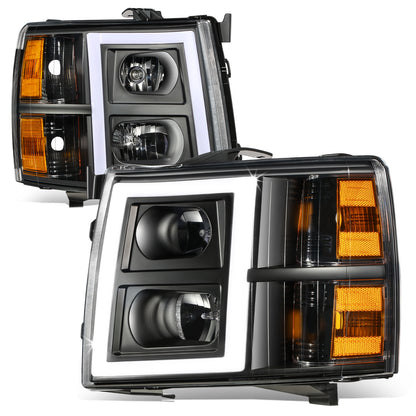 FAROS 07-13 CHEVY SILVERADO 1500 / 07-14 SILVERADO 2500 HD, 3500 - DOES NOT FIT 2007 OLD BODY CLASSIC MODELS - FITS MODELS WITH HALOGEN HEADLIGHTS ONLY - RECTANGLE LED DRL - BLACK HOUSING / AMBER CORNER