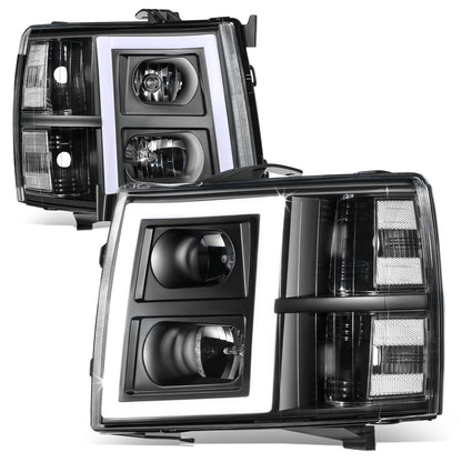 FAROS 07-13 CHEVY SILVERADO 1500 / 07-14 SILVERADO 2500 HD, 3500 - DOES NOT FIT 2007 OLD BODY CLASSIC MODELS - FITS MODELS WITH HALOGEN HEADLIGHTS ONLY - RECTANGLE LED DRL - BLACK HOUSING / CLEAR CORNER