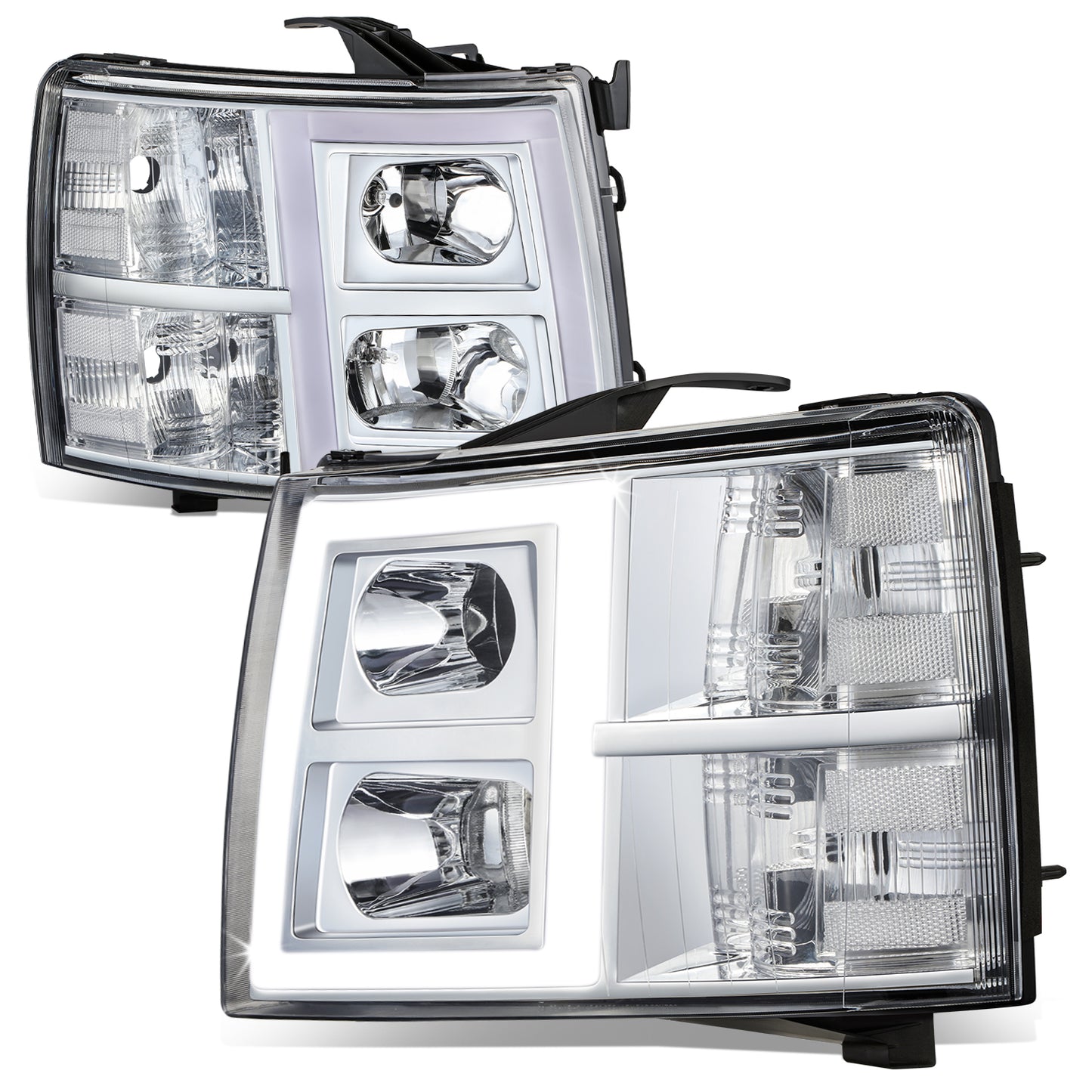 FAROS 07-13 CHEVY SILVERADO 1500 / 07-14 SILVERADO 2500 HD, 3500 - DOES NOT FIT 2007 OLD BODY CLASSIC MODELS - FITS MODELS WITH HALOGEN HEADLIGHTS ONLY - RECTANGLE LED DRL - CHROME HOUSING / CLEAR CORNER