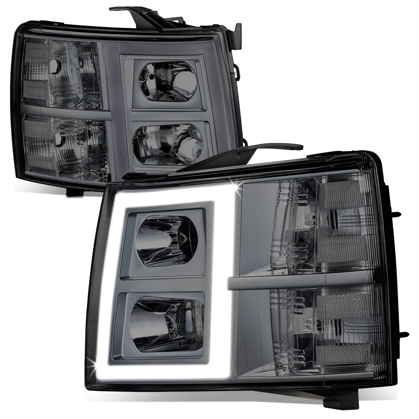 FAROS 07-13 CHEVY SILVERADO 1500 / 07-14 SILVERADO 2500 HD, 3500 - DOES NOT FIT 2007 OLD BODY CLASSIC MODELS - FITS MODELS WITH HALOGEN HEADLIGHTS ONLY - RECTANGLE LED DRL - SMOKE HOUSING / CLEAR CORNER
