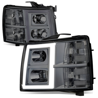 FAROS 07-13 CHEVY SILVERADO 1500 / 07-14 SILVERADO 2500 HD, 3500 - DOES NOT FIT 2007 OLD BODY CLASSIC MODELS - FITS MODELS WITH HALOGEN HEADLIGHTS ONLY - RECTANGLE LED DRL - SMOKE HOUSING / CLEAR CORNER