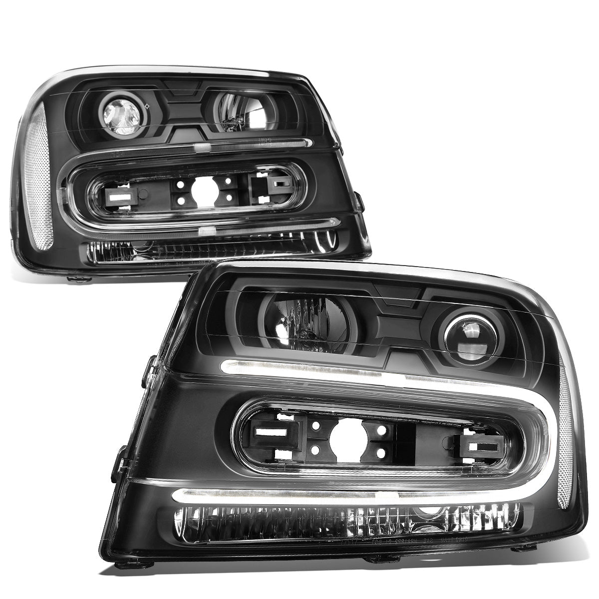 FAROS 02-06 CHEVY TRAILBLAZER EXT / 02-09 CHEVY TRAILBLAZER - 4DR - LED DRL - OE - BLACK HOUSING / CLEAR CORNER
