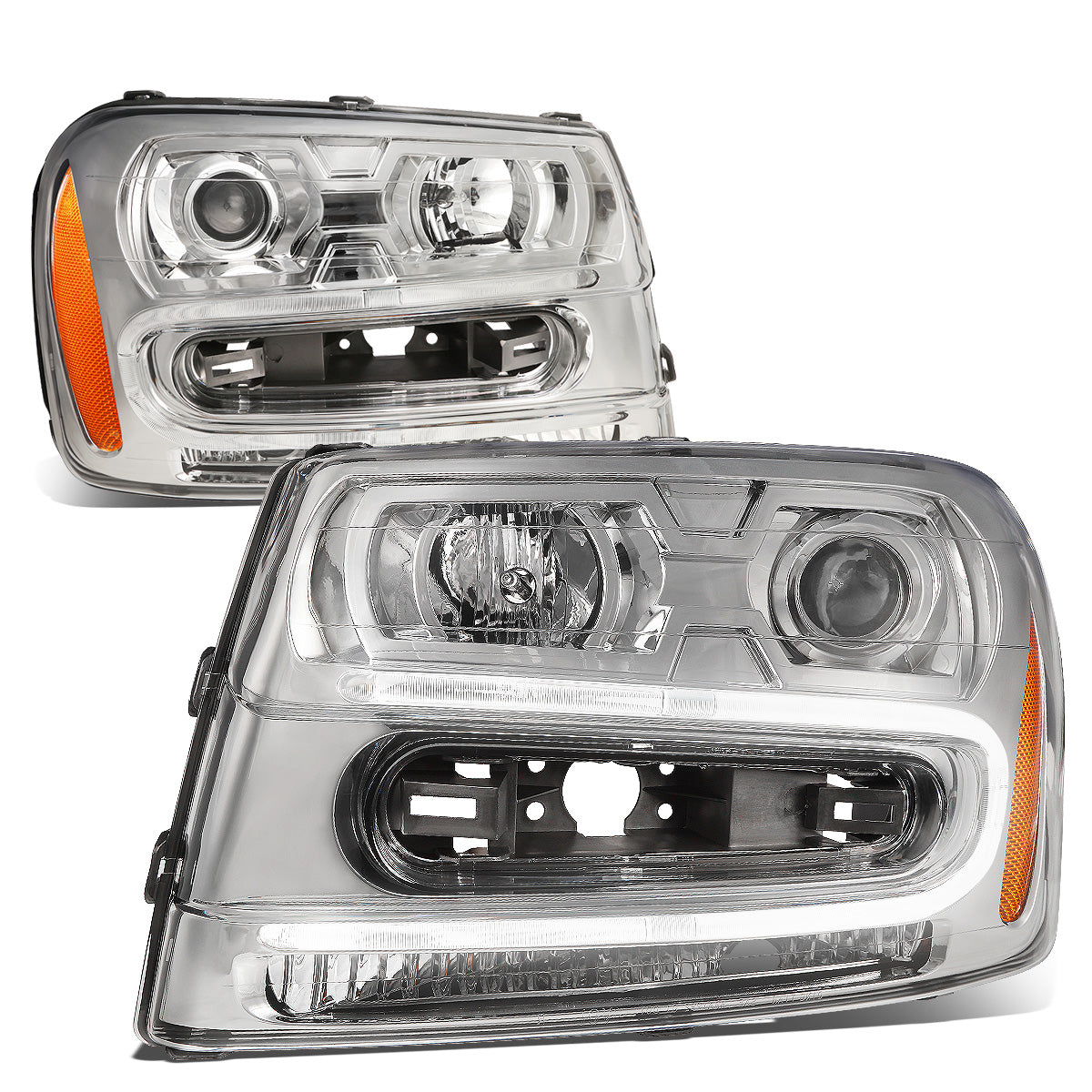 FAROS 02-06 CHEVY TRAILBLAZER EXT / 02-09 CHEVY TRAILBLAZER - 4DR - LED DRL - OE - CHROME HOUSING / AMBER CORNER