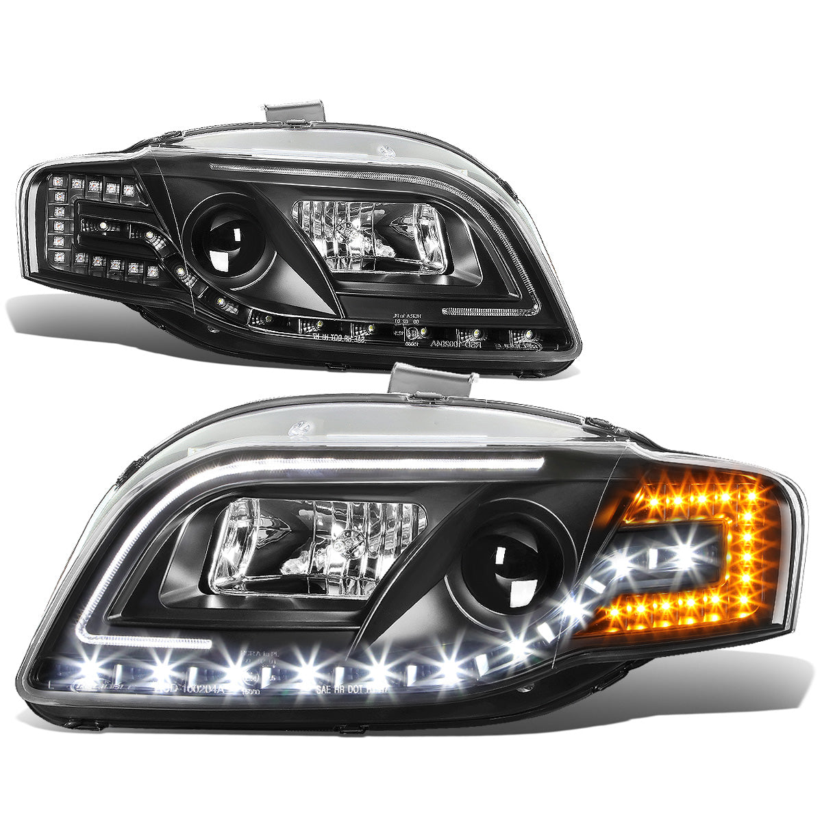 FAROS 06-08 AUDI A4, A4 QUATTRO, S4 - FOR 2005 MODELS, ONLY FITS NEW BODY - FITS SEDAN / WAGON MODELS WITH HALOGEN HEADLIGHTS ONLY -  DOES NOT FIT CABRIO AND CABRIOLET MODELS - LED DRL - HALO PROJECTOR - BLACK HOUSING / CLEAR LENS / AMBER SIGNAL