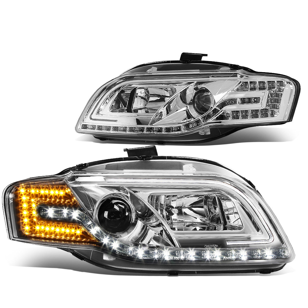 FAROS 06-08 AUDI A4, A4 QUATTRO, S4 - FOR 2005 MODELS, ONLY FITS NEW BODY - FITS SEDAN / WAGON MODELS WITH HALOGEN HEADLIGHTS ONLY -  DOES NOT FIT CABRIO AND CABRIOLET MODELS - LED DRL - HALO PROJECTOR - CHROME HOUSING / CLEAR LENS / AMBER SIGNAL