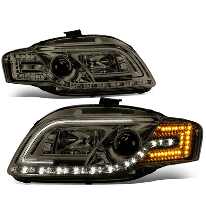 FAROS 06-08 AUDI A4, A4 QUATTRO, S4 - FOR 2005 MODELS, ONLY FITS NEW BODY - FITS SEDAN / WAGON MODELS WITH HALOGEN HEADLIGHTS ONLY -  DOES NOT FIT CABRIO AND CABRIOLET MODELS - LED DRL - HALO PROJECTOR - SMOKE HOUSING / AMBER SIGNAL